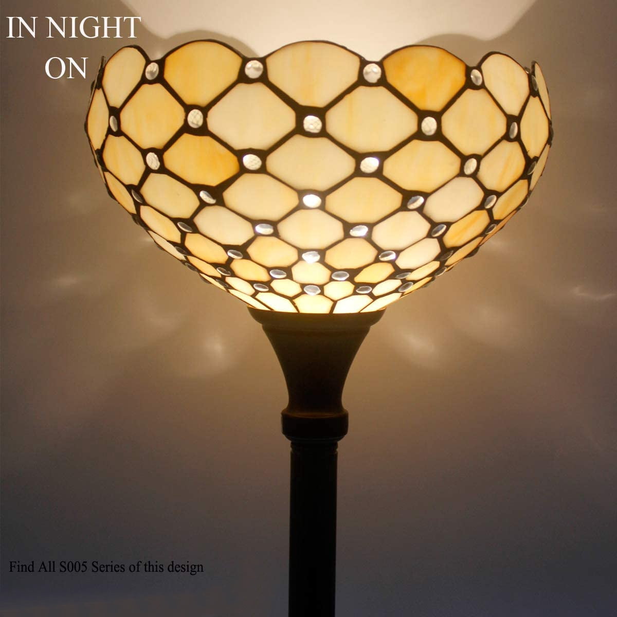 Tiffany Style Floor Lamp Torchiere Up Lighting W12H66 Inch Amber Stained Glass Crystal Bead Lampshade Antique Standing Iron Base 1E26 Foot Switch S005 Living Room Home Office Decoration