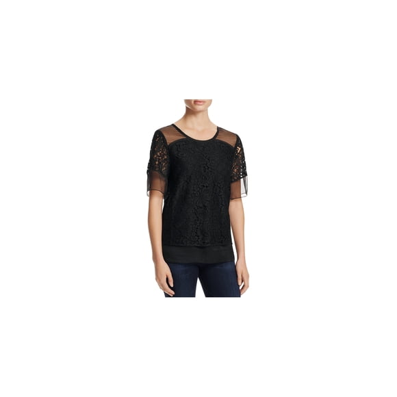 Finity Womens Sheer Lace Pullover Blouse, Black, 8
