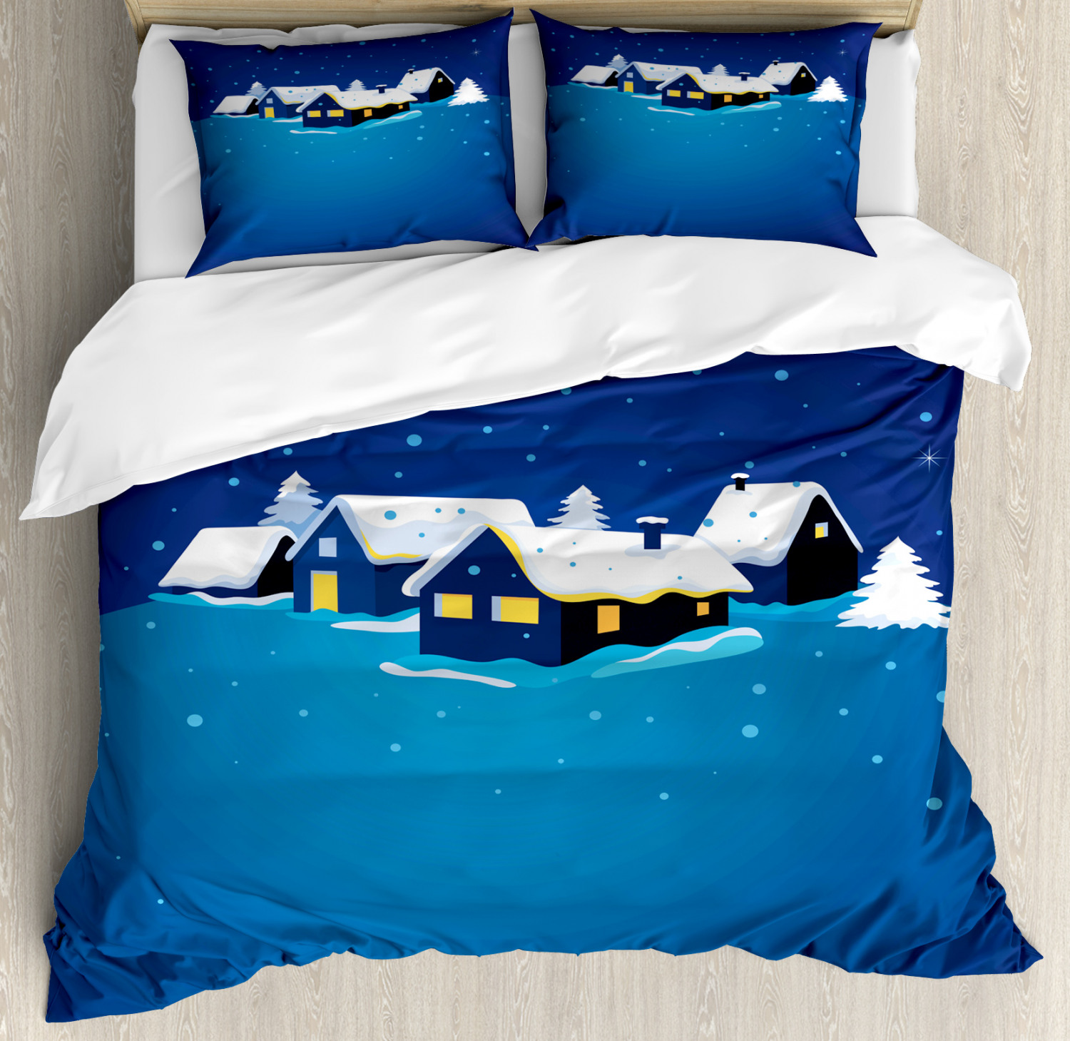 Winter Duvet Cover Set, Snowy Small Town Snowflakes Season Cozy Village