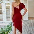 thumbnail image 5 of Women 2023 Summer Fashion Elegant One Shoulder Dress Ruffle Sleeve Wrap Ruched Bodycon Short Party Dresses, 5 of 7