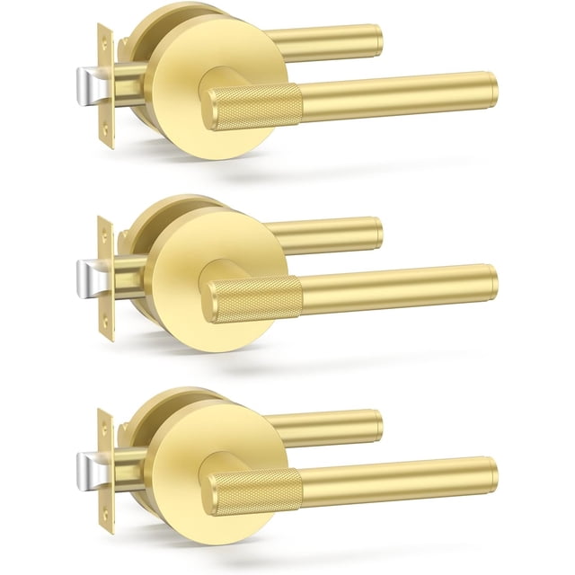 3 Pack Brushed Gold Door Handles Interior, Knurled Passage Door Handles,Gold Door Lever for Bedroom or Bathroom,Reversible Keyless for Left Right Handed Doors AM0027 Brushed Gold Passage