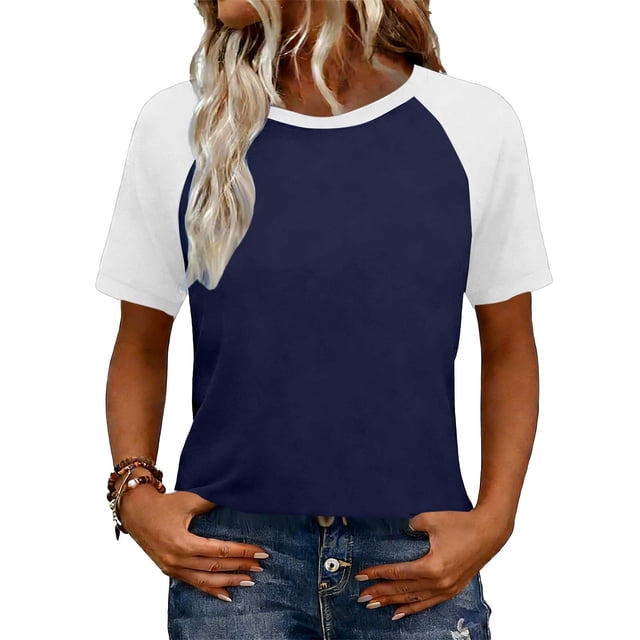 Tops de manga corta de verano para las mujeres manga Raglan color bloqueado blusa casual, Tops de manga corta de las mujeres suave transpirable
