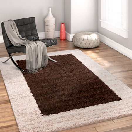 7x10 Area Rug Porta Border Modern Geometric Shag 7x10 (6'7'' x 9'10'') Area Rug Brown Beige Plush Easy Care Thick Soft Plush Living Room ()