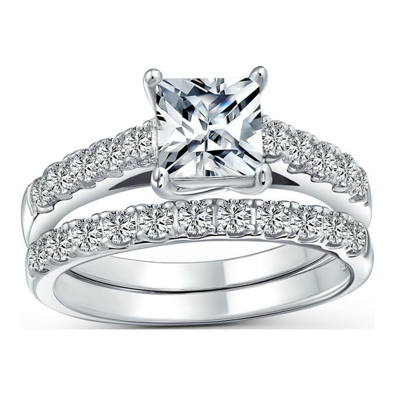 1CT Brilliant Canary Yellow Cubic Zirconia Square Princess Cut Solitaire Cathedral Setting Thin Eternity Pave Band AAA CZ Anniversary Engagement Wedding Ring Set 925 Sterling Silver