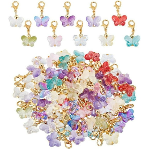 10 Colors 80Pcs Glass Butterfly Dangle Charms Colorful Crystal Butterfly Charms Clip-on Charms with Lobster Clasps Animal Insect Pendants for DIY Bracelets Earring Necklace Jewelry Making