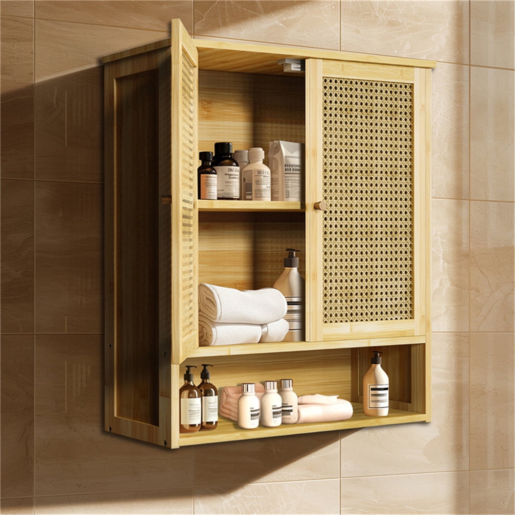 LUVODI Bamboo Bathroom Medicine Cabinet Wall Mounted Rattan Storage Cabinet for Small Spaces Laundry