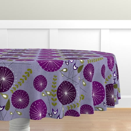 

Cotton Sateen Tablecloth 70 Round - Purple Dandelion Mid Century Modern Flowers Garden Spring Mod Bold Floral Bright Meadow Abstract Print Custom Table Linens by Spoonflower