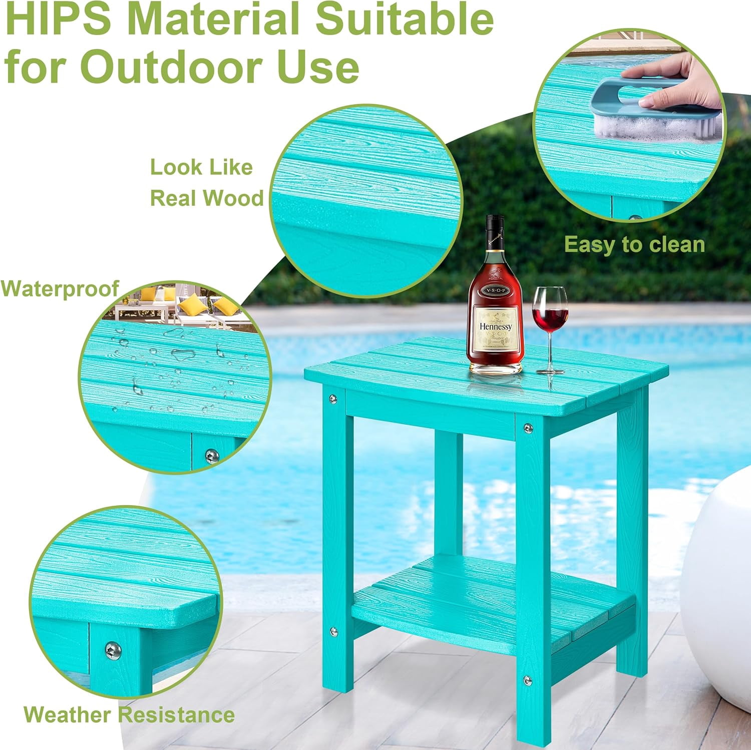 Y&M Outdoor Side Table, HDPE Patio End Table for Adirondack Chair, Weather Resistant Small Accent Table, Aruba Blue, Double Layer