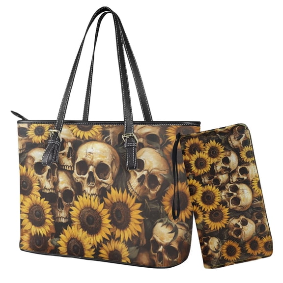 TSOVTHRID Sunflower Skull Print Purses and Handbags for Women, Tote Shoulder Bag Trendy, Leather Satchel Bag, Top Handle Handbag with Matching Purse