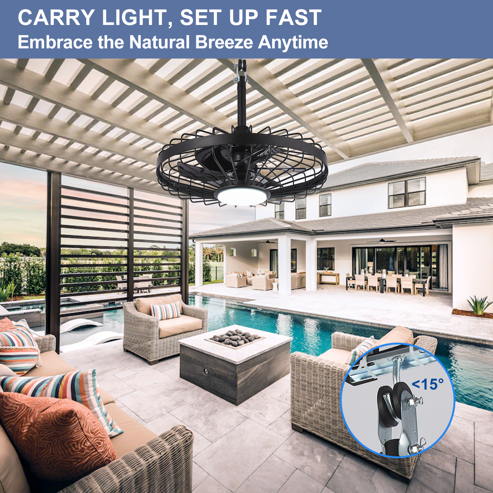 Depuley 20" Waterproof Outdoor Ceiling Fan with Light - IP44 Plug-in, Remote/App Control, 6-Speed Black for Gazebo, Patio, Pergola