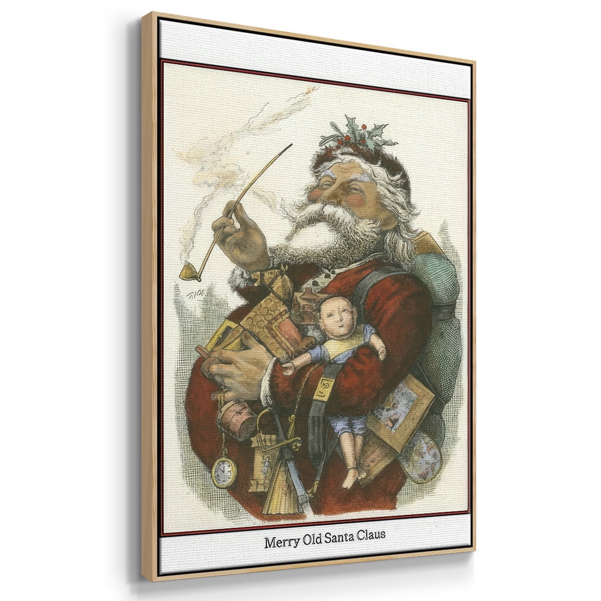 Merry Santa - Framed Gallery Wrapped Holiday Canvas - 17 x 25 - Natural Wood Frame