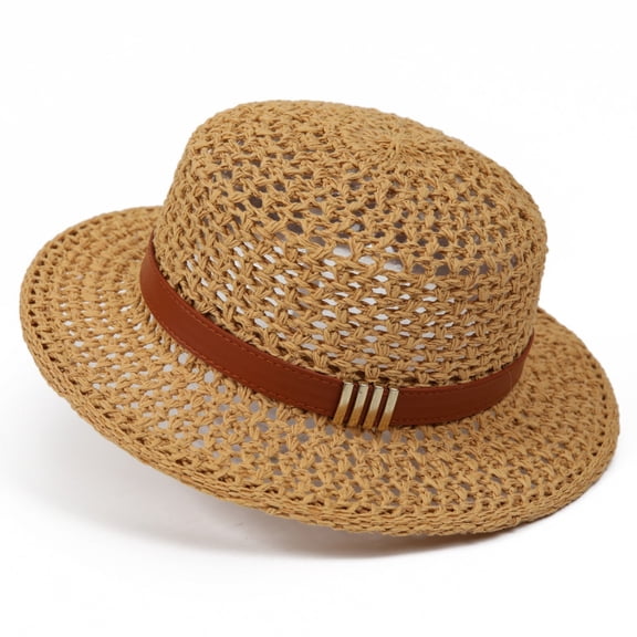 Karymi Sun Hats for Women Hollow Crochet Knit Flat Top Short Brim Straw Fedora Hat with Natural Jute Rope Band Sun Hat, Vintage French Style Beach Hat Kentucky Derby Hats for Women