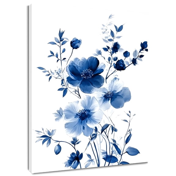 HVEST Blue Floral Wall Art Navy Blue and White Flower Canvas Wall Art Watercolor Wildflower Wall Decor for Living Room Bedroom Home, 12 X 12 inches