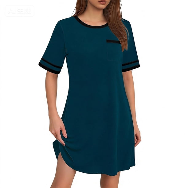 TaTaai Women's Solid Short Sleeve Round Neck Pajamas, Pocket Design, Soft Lightweight Fabric, Casual Daily Home Loungewear Gift