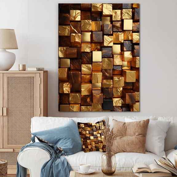 Designart "Abstract Cubes in Black and Gold III" Geometric Canvas Wall Art - Modern Gold Abstract Geometric Entryway Wall Art Print