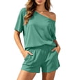 thumbnail image 2 of Karymi Workout Tops for Women 2-Piece Casual Outfit, Solid Off-Shoulder Short Sleeve Loose Top + Elastic Waist Shorts with Pockets, Summer Beach Vacation Set Blouses for Women Dressy Casual, 2 of 8