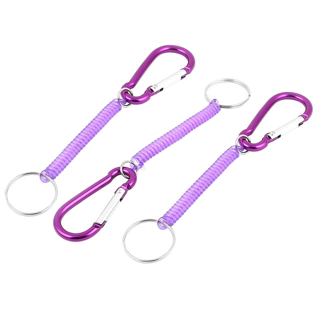 3pcs Purple Plastic Stretchy Spiral Spring Coiled Coil Cord Keychain Key Chain Rope Carabiner Hook