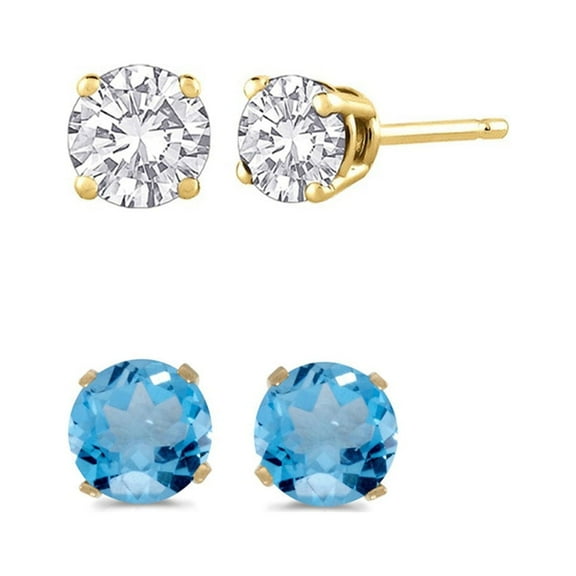 14k Yellow Gold 2 Ct White Sapphire and Blue Topaz Round Stud Earrings for Women Plated by Paris Jewelry