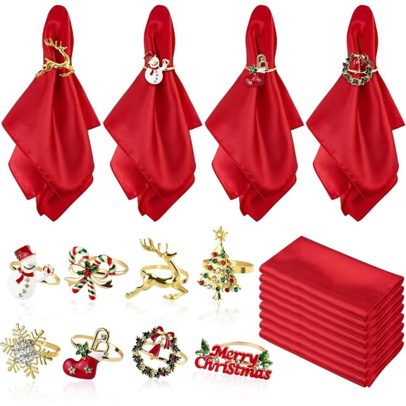 16 Pcs Christmas Napkins and Ring Set, 8 Pcs Solid Color Washable Cloth Napkins and 8 Pcs Christmas Napkin Rings Holder for Christmas Dinners Parties Wedding Adornment Table Decoration