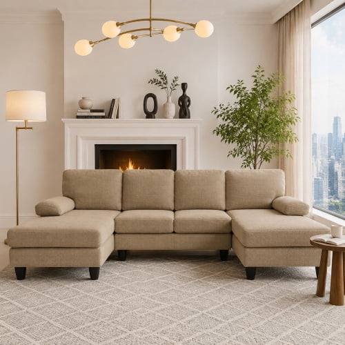 Howcool 104" Cloud Sectional Sofa with Extra Deep Seat,U Shaped Sectional Couches for Living Room,4 Seater Polyester Sofas & Couches,Modern Apartment Couch with Double Chaise Lounge,Camel