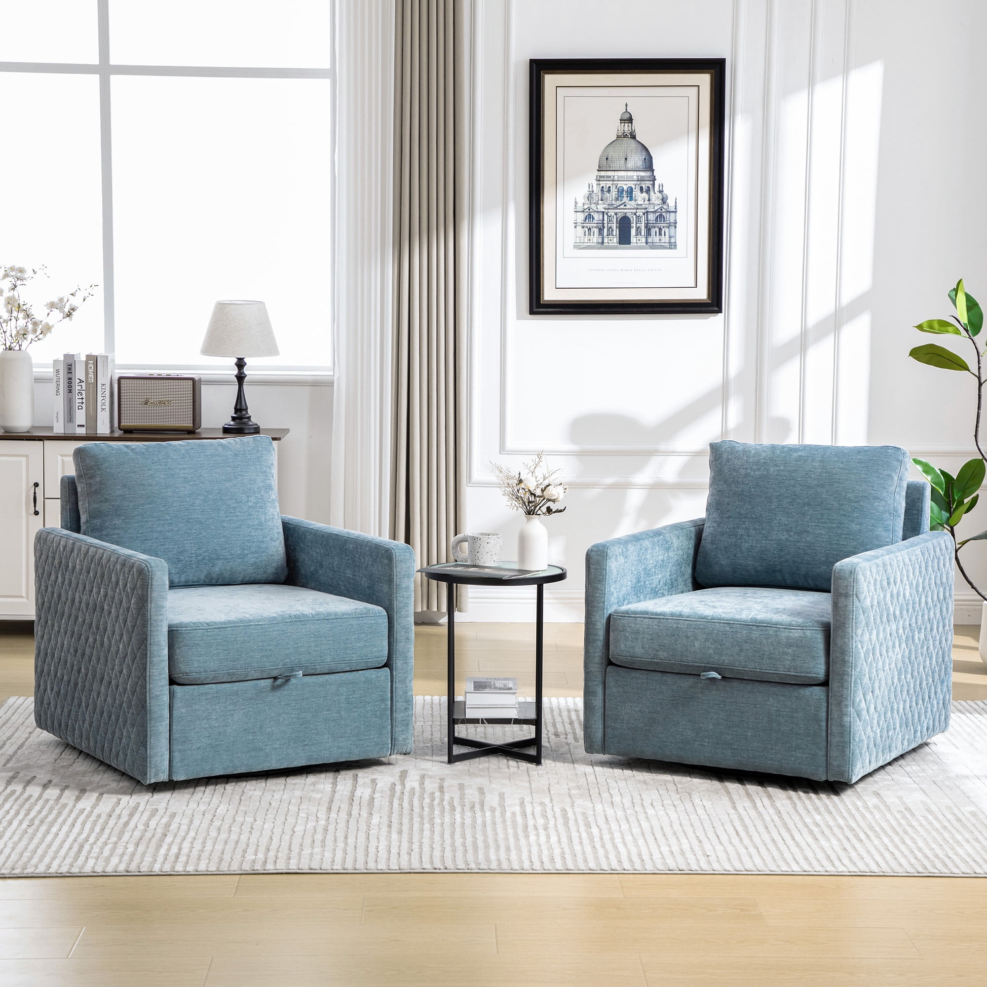 Leumius 360° Swivel Armchair with Hidden Storage, Comfy Diamond-Shape Tufted Armrests Accent Square Club Chair Single Sofa with Pillow for Living Room Bedroom Reading Nook Blue