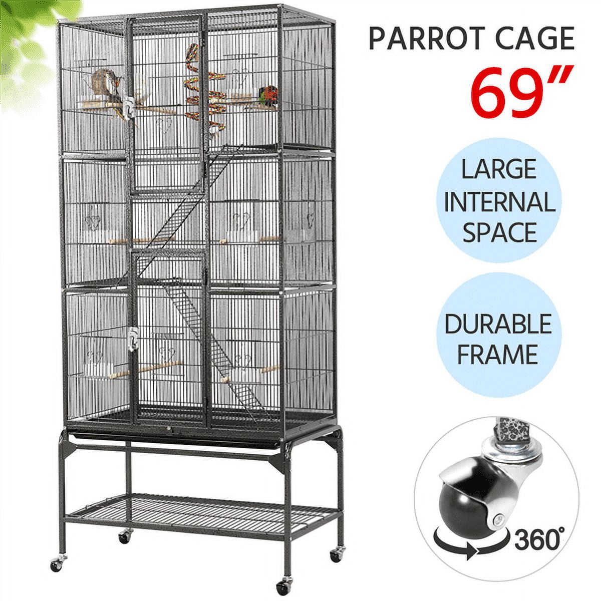 Alden Design 69" H Rolling Extra Large Metal Bird Cage with Detachable Stand for Parrots, Black
