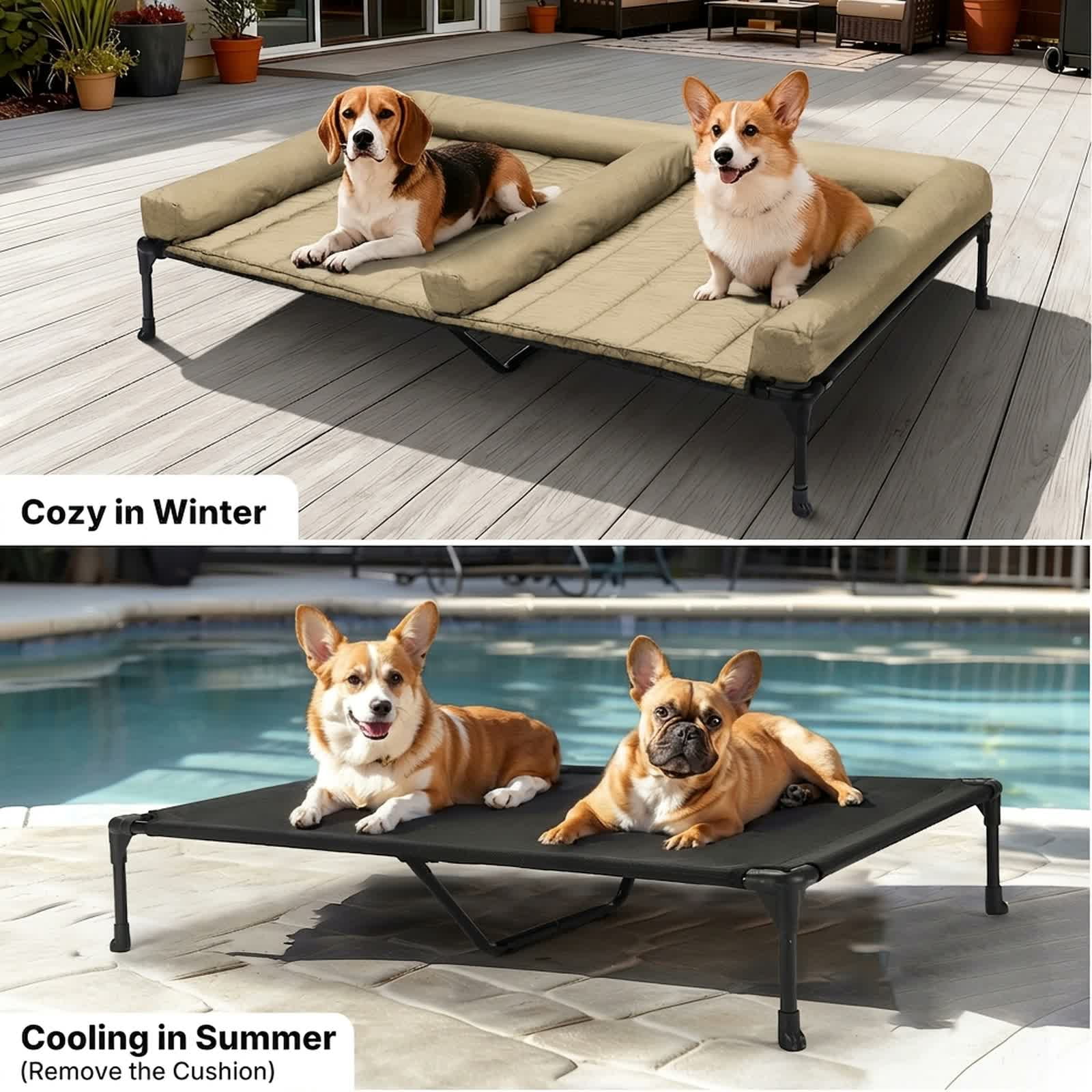 Veehoo Cooling Raised Dog Bed + Removable Double Dog Bed Cushion for Two Medium Dogs, Elevated Dog Bed with Waterproof Bolster Mat, Breathable Mesh, No-Slip Feet, 49" x 33" Dog Couch Bed, Beige