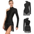 thumbnail image 3 of iiniim Women's Latin Dance Dress Single Long Sleeve Backless Rhinestone Fringe Ballroom Party Black L, 3 of 7
