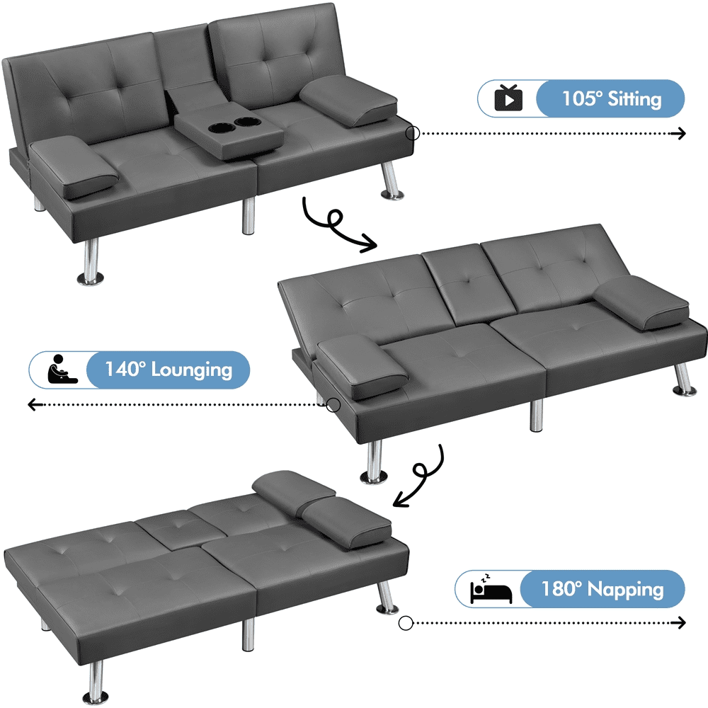Renwick Modern Faux Leather Convertible Futon Sofa Bed with 2 Throw Pillows & Cup Holders, Gray