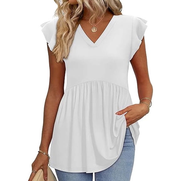 Womens Tops Dressy Casual Short Sleeve V Neck Blouse Peplum Swing Shirts Empire Waist Ruffle Flutter Sleeve Summer Clothes Gathered Flare Tunic Lightweight Soft Top