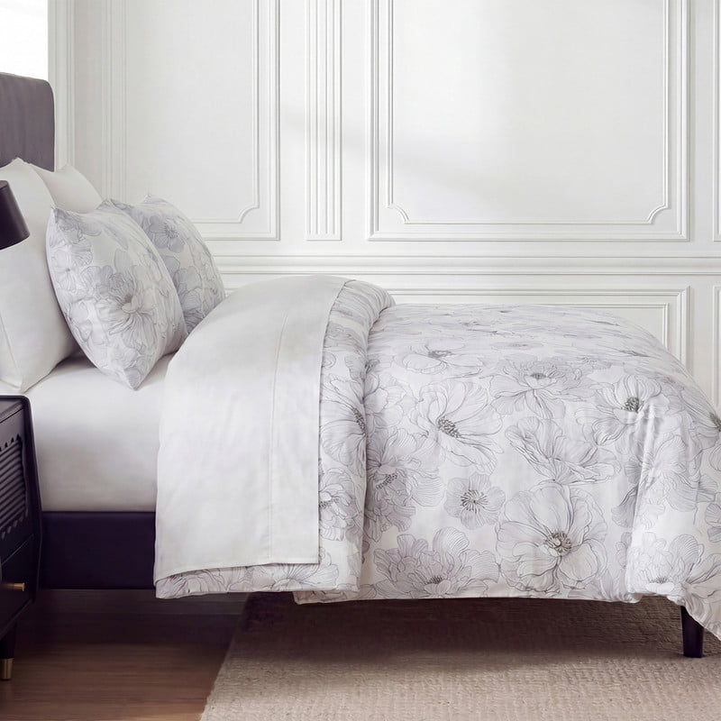 100% Cotton Floral Duvet Cover Set King Size, Ink Style Gray Sketch Floral Bedding, 3 Pcs with Zipper Closure & Corner Ties, Soft Breathable Duvet Cover for All Seasons