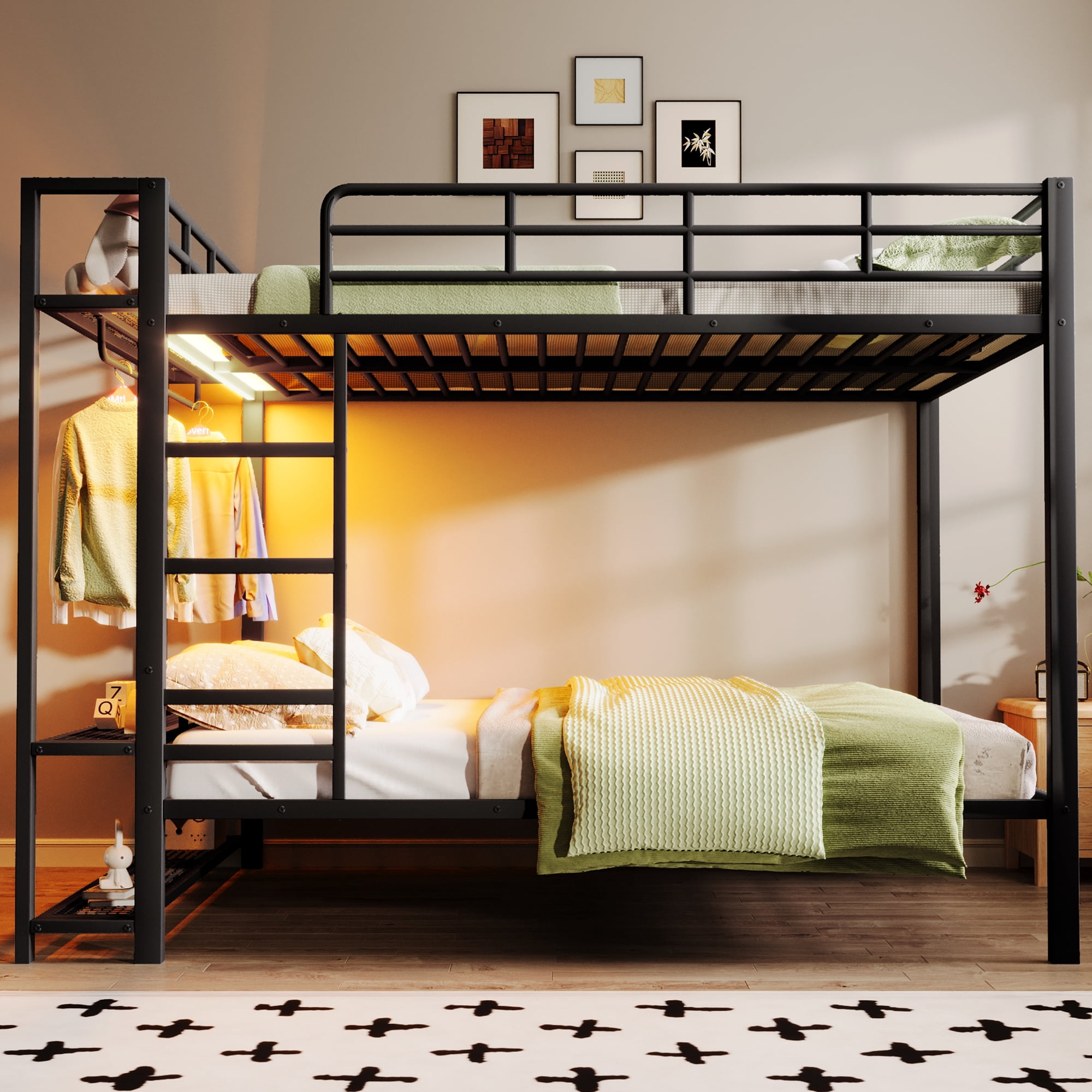 Euroco Metal Queen over Queen Bunk Bed wih Storage Shelves, Clothes Hanger and LED Light for Kids Teens Room, Black