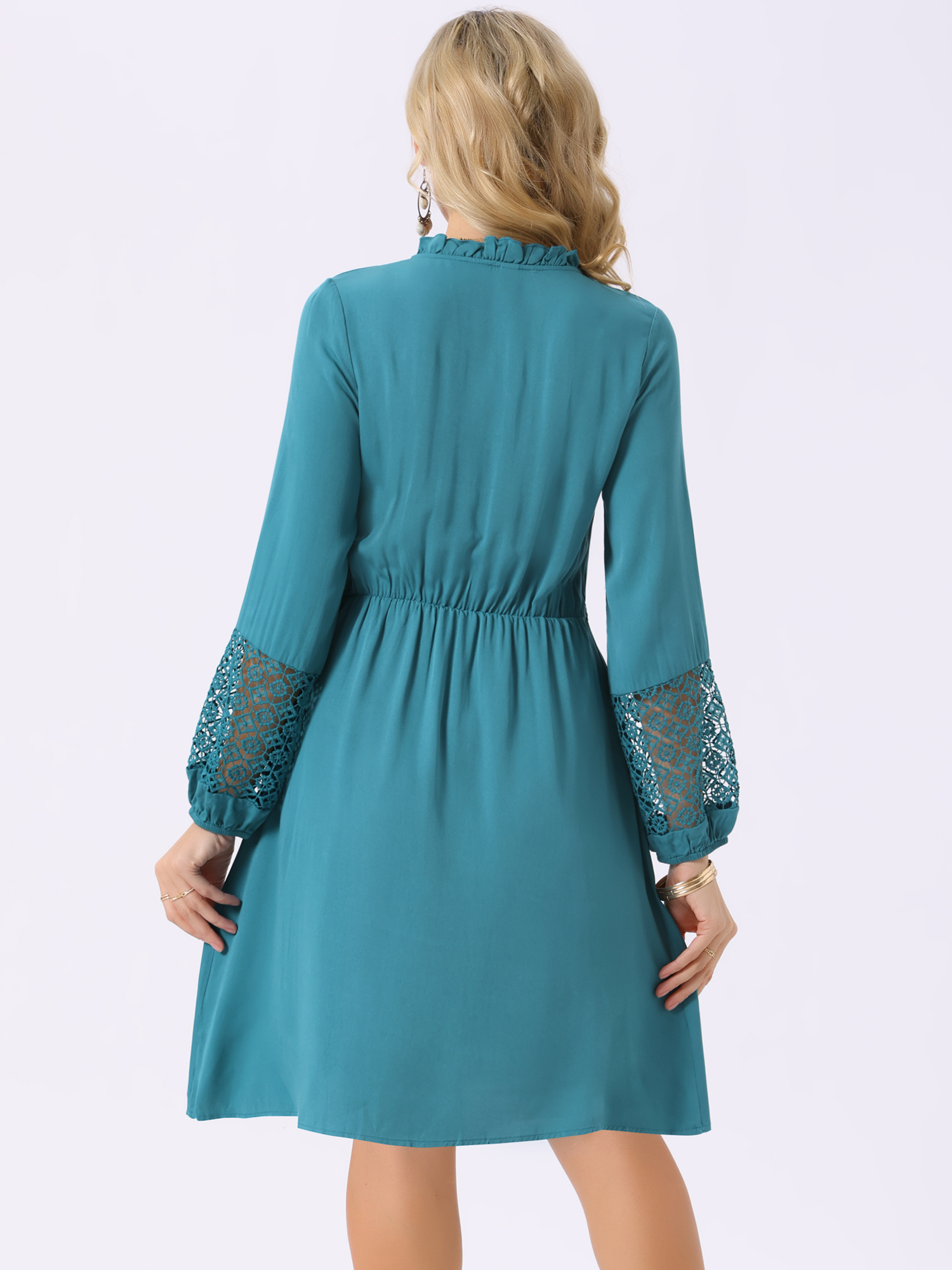 DARING DIVA Long Sleeve Ruffle V Neck Drawstring Waist Dress S Lake Green