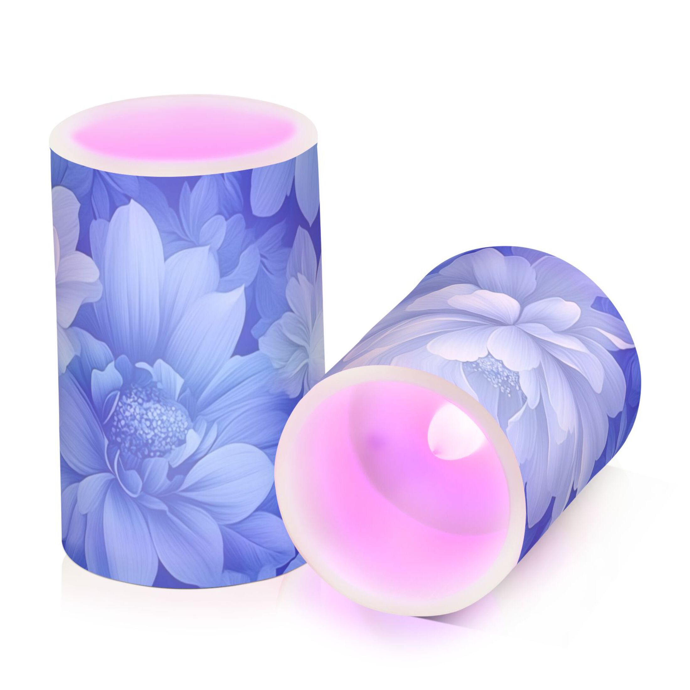 Elegant Blue Flower Flickering Flameless Candles Battery Operated with Remote Timer LED Pillar Candles Set of 2