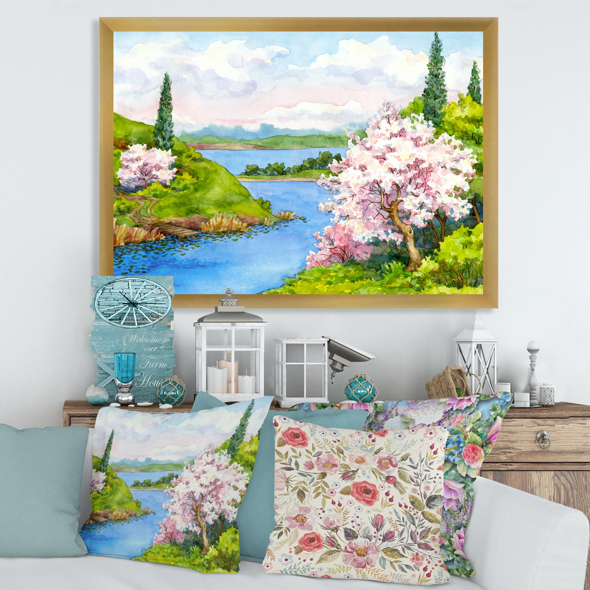 A Bright Blue Sky Over Spring Landscape 32 in x 16 in Framed Painting Canvas Art Print, by Designart