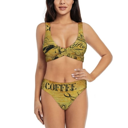 Zeuib Coffee Vintage High Waisted Tummy Control Bikini Set - Knot Front Push Up Top & Cheeky Thong Bottom  Two-Piece Swimsuit for Women-Large