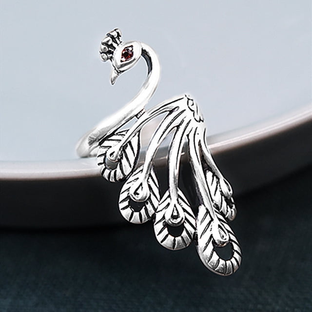 Anillo de plata tailandés de pavo real tridimensional de estilo étnico, anillo de dedo abierto de temperamento simple con pluma retro