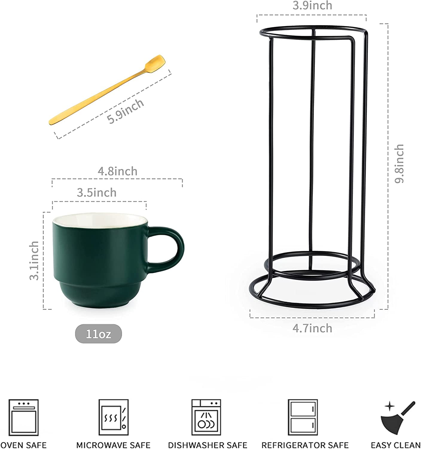 Stackable Coffee Mugs, Coffee Mug Set of 4 with Rack and Spoons, 11 oz Tea Cup Set for Espresso Drinks Cappuccino Latte, Coffee Cup Christmas Gift, Dark Green