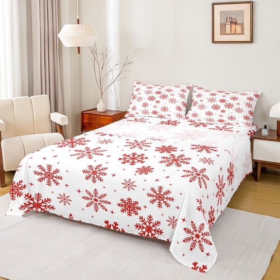 Homewish Xmas Snowflake Teens Twin Sheet Set 3pcs, White Red Bedding