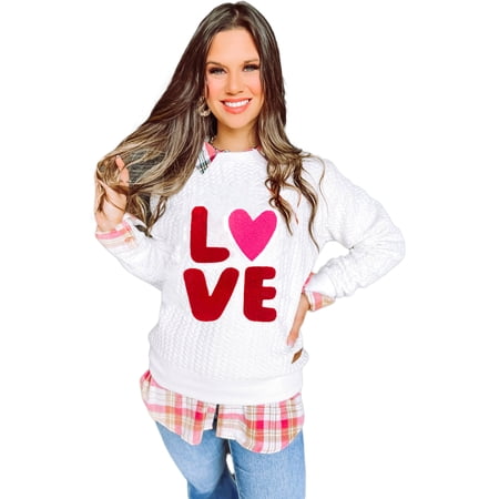 Casual Round Neck Long Sleeve Sweatshirt: White LOVE Chenille Embroidered - [ZhiHiMeRi] | (US 12-14)L