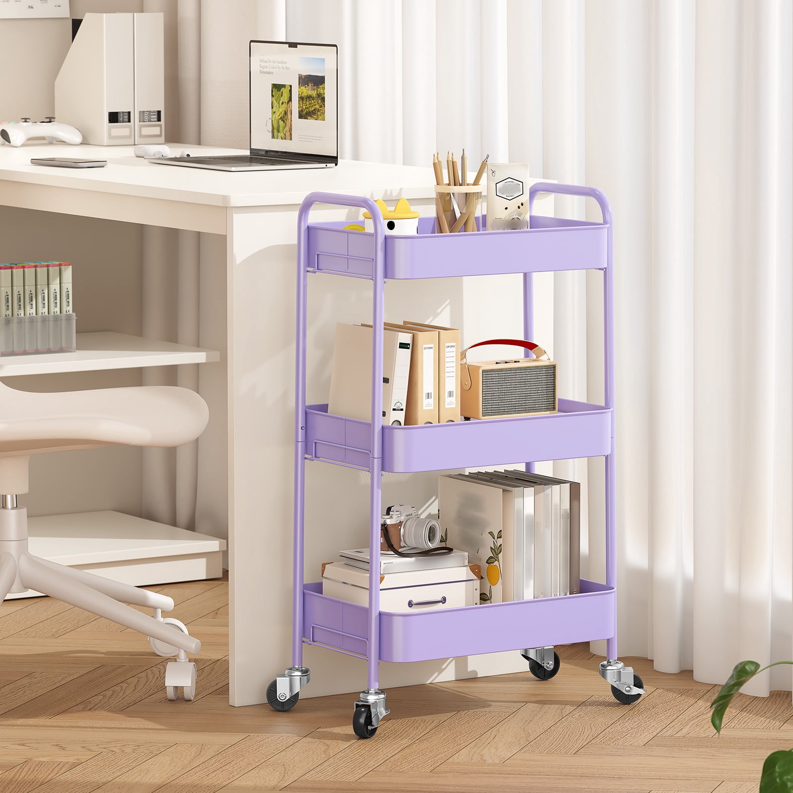 KK KINGRACK 3-Tier Rolling Cart, Metal Utility Cart with Wheels, Home Office School Organizer, Purple