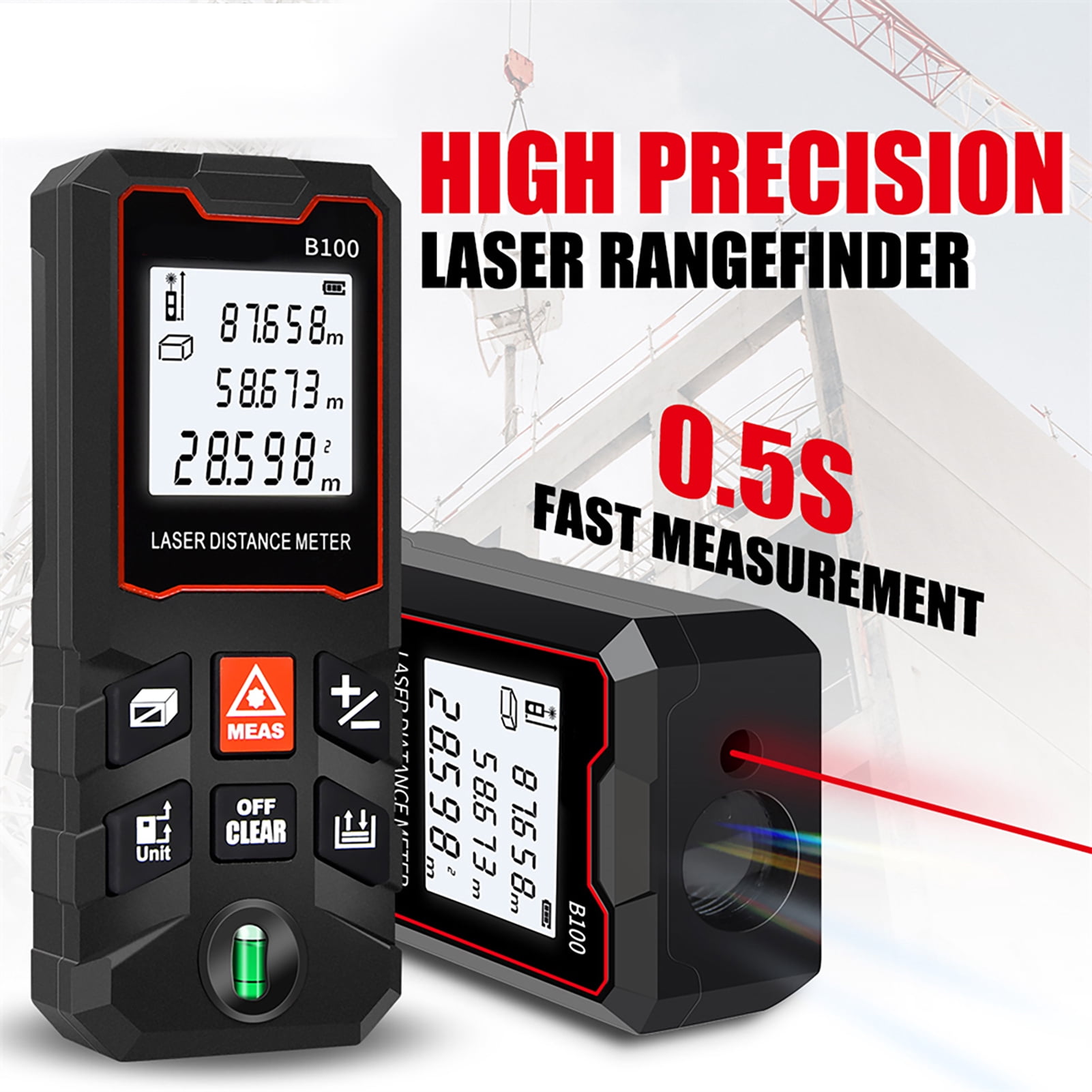 100m  Measure LCD Digital  Distance Meter With Bubble Level Mini Range Finder Distance/ Area/ Volume/ Pythagorean Measuring Tool Unit Switching Data Storage
