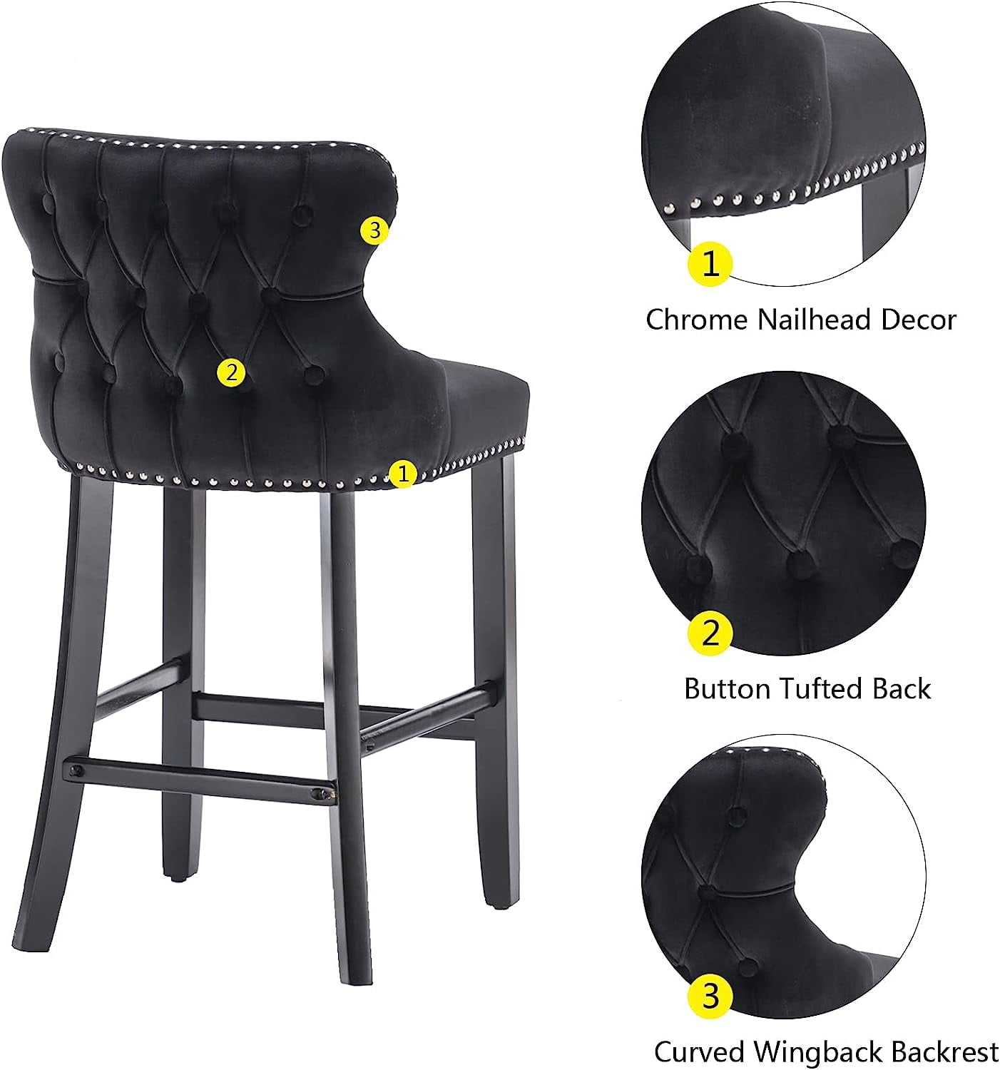 Seizeen Counter Height Bar Stools, Set of 2, Wing-back Velvet Dining Chairs with Soft Cushion, Solid Wood Legs, Button Tufted Decoration and Chrome Nailhead Trim, Black