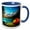 Blue/White, variant on 3drose, Orange Tent by the Mountain Lake on a Sunny Day. Happy Camper Gift, 11oz Two-tone Black Mug
