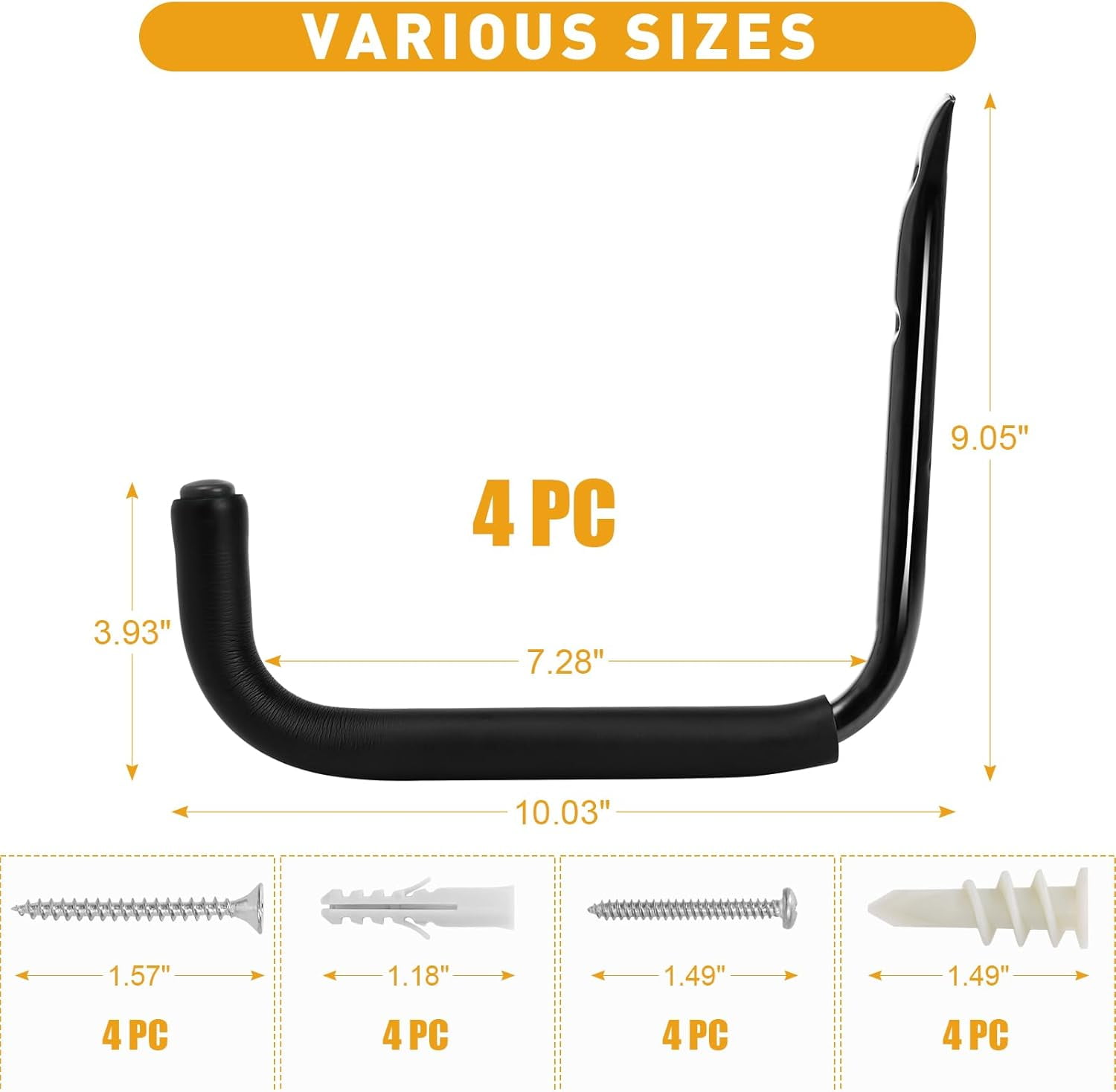 Ahot 10" Garage Organization Wall Hooks, 66 LB Heavy Duty Water Hose Holder for Hanging Ladder Extension Cord Garden Tool Cable, 4 Pcs, Black