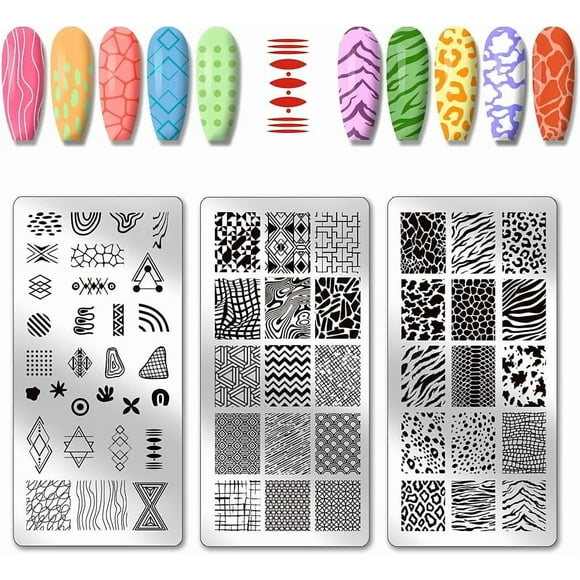 3pcs Animal Patterns Nail Stamp Plate Geometric Patterns Nails Stencils Stainless Steel Nail Image Plate Irregular Shapes Print Art Template for Women DIY Printing 4.7x2.3 inch