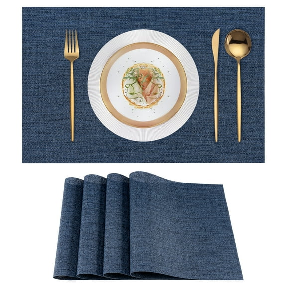 VCVCOO Navy Blue Placemats Set of 4 - Easy Clean Washable PVC Vinyl Placemats - Wipeable Heat Resistant Woven Table Mats for Dining Table - 12x18 inch