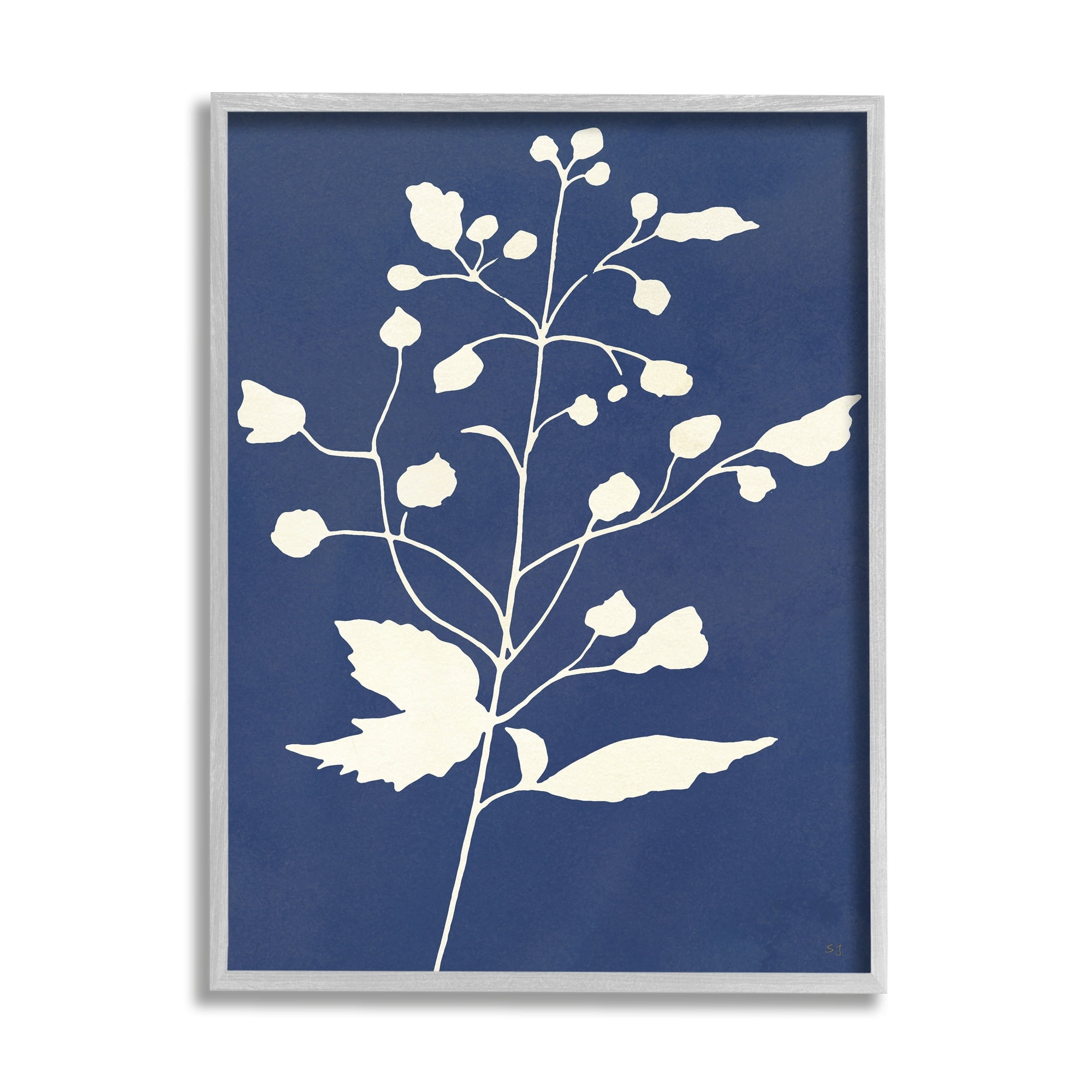Stupell Industries Contemporary Botanical Sprig Shape Abstract Plant Leaves Graphic Art Gray Framed Art Print Wall Art, Design by Susan Jill