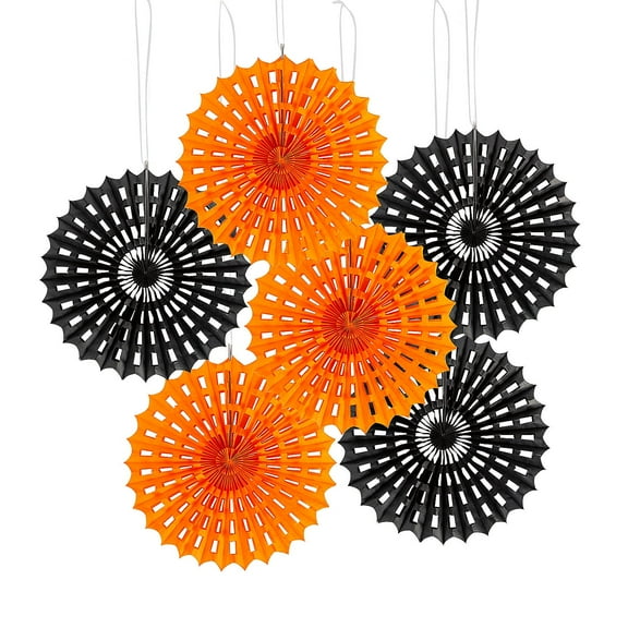 Fun Express 14" Black & Orange Spider Web Hanging Tissue Paper Fans - 6 Pieces