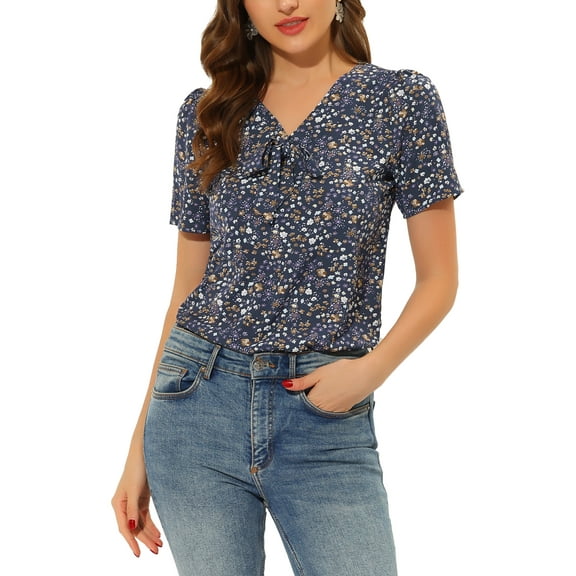 Allegra K Women's Printed Tie V Neck Short Sleeves Straight Loose Blouse Tops